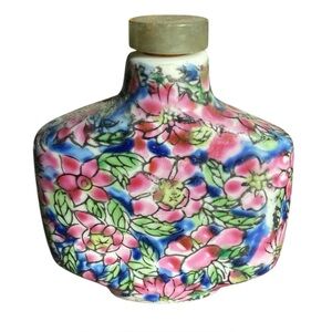 Vintage Asian Hand Painted Porcelain Snuff Bottle Floral 2.5” Tall 2” Wide